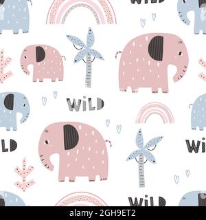 Carino motivo elefante - disegno a mano del bambino senza cuciture disegno modello. Carta digitale per illustrazioni vettoriali Illustrazione Vettoriale
