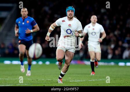 Jack Nowell in Inghilterra durante la partita delle sei Nazioni RBS 2015 tra Inghilterra e Francia al Twickenham Stadium di Londra sabato 21 marzo 2015. Foto Stock