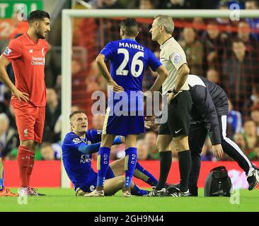 Image #: 41635213 Dec. 26, 2015 - Liverpool, Regno Unito - Leicester's Jamie Vardy goes off lapped..Barclays Premier League- Liverpool vs Leicester City - Anfield - Inghilterra - 26 dicembre 2015 Foto Stock