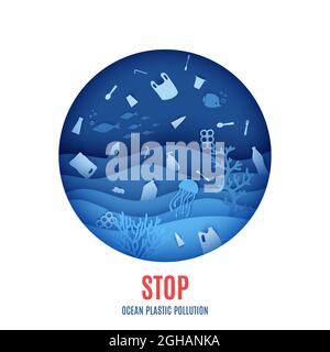 Giornata Mondiale dell'Oceano, stop bandiera di inquinamento di plastica oceanica. Vista del mondo sottomarino attraverso il oblò di un sottomarino in stile carta tagliata. Vettore Illustrazione Vettoriale