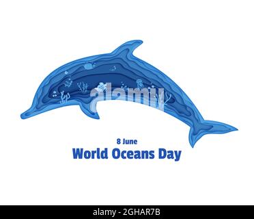 Silhouette di un delfino tagliata di carta. Pesce farfalla tagliato a pani, meduse, pesce luna, tartaruga. Artigianato subacqueo grotta oceanica con pesci, barriera corallina Illustrazione Vettoriale