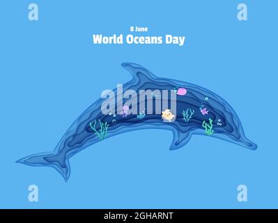 Silhouette di un delfino tagliata di carta. Pesce farfalla tagliato a pani, meduse, pesce luna, tartaruga. Artigianato subacqueo grotta oceanica con pesci, barriera corallina Illustrazione Vettoriale