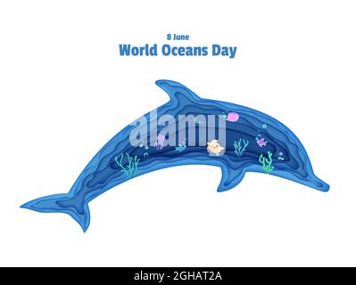Silhouette di un delfino tagliata di carta. Pesce farfalla tagliato a pani, meduse, pesce luna, tartaruga. Artigianato subacqueo grotta oceanica con pesci, barriera corallina Illustrazione Vettoriale