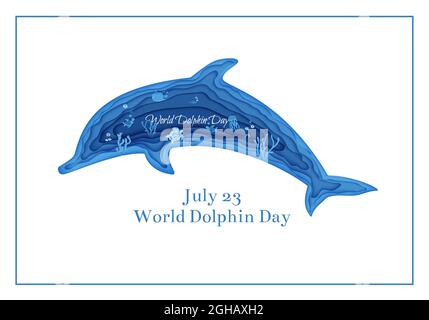 Silhouette di un delfino tagliata di carta. Pesce farfalla tagliato a pani, meduse, pesce luna, tartaruga. Artigianato subacqueo grotta oceanica con pesci, barriera corallina Illustrazione Vettoriale