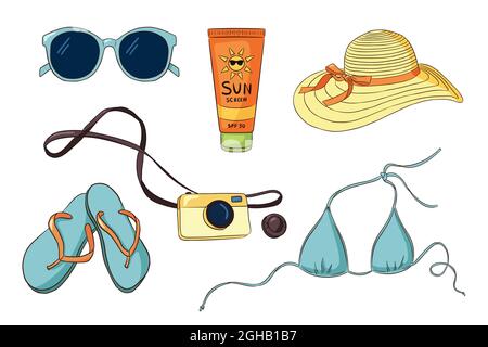 Collezione di articoli per le vacanze disegnati a mano. Occhiali da sole bikini, infradito, fotocamera, tubo solare, cappello donna. Set vacanze estive per logo, adesivi, stampe, etichette. Vettore Premium Illustrazione Vettoriale