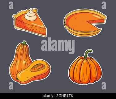 Kit adesivi per le feste autunnali. Zucche fresche mature e torte di zucca. Collezione di piatti di ringraziamento per adesivi, inviti, menu e biglietti d'auguri. Vettore Premium Illustrazione Vettoriale