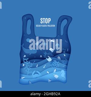 Arrestare il poster dell'inquinamento di plastica oceanica in stile di taglio della carta. Silhouette in sacchetto di plastica intagliata da cartone con vita marina e cucchiai singoli in plastica usati Illustrazione Vettoriale