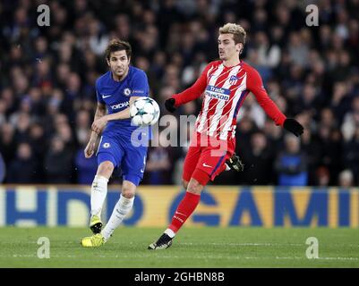 Cesc Fabregas di Chelsea si inchinano con Antoine Griezmann di Atletico Madrid durante la partita del Champions League Group C allo Stamford Bridge di Londra. Data foto: 5 dicembre 2017. Il credito dovrebbe essere: David Klein/Sportimage via PA Images Foto Stock