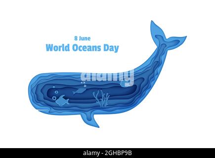 Silhouette di una balena spermatica tagliata di carta. Pesce farfalla, meduse, pesce luna, tartaruga. Craft subacquea grotta oceanica con pesci, cora Illustrazione Vettoriale