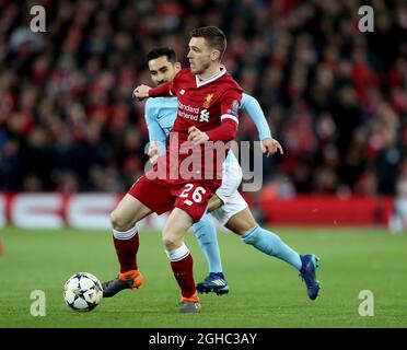 Andrew Robertson di Liverpool durante la prima tappa della Champions League Quarter Final, partita all'Anfield Stadium di Liverpool. Data foto: 4 aprile 2018. Il credito dovrebbe essere: Simon Bellis/Sportimage via PA Images Foto Stock