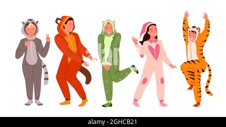 Gente amici su pigiama party set, giovani divertenti personaggi felici divertirsi, ballare Illustrazione Vettoriale