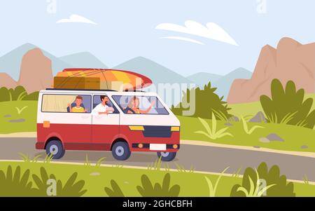 Cartoon turistico madre padre e figlio bambini personaggi viaggiando su strada in montagna natura paesaggio sfondo. Viaggio in famiglia in auto bus camper furgone Illustrazione Vettoriale