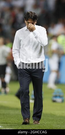 Zlatco Dalic manager della Croazia sembra preoccupato durante la gara di semifinale della Coppa del mondo FIFA 2018 allo stadio Luzhniki di Mosca. Data foto 11 luglio 2018. Il credito dovrebbe essere: David Klein/Sportimage via PA Images Foto Stock