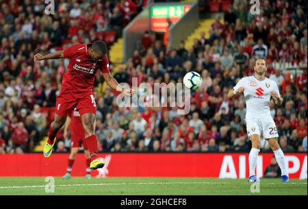 Daniel Sturridge di Liverpool segna il suo terzo gol durante la partita di prima stagione all'Anfield Stadium di Liverpool. Data foto 7 agosto 2018. Il credito dovrebbe essere: Matt McNulty/Spaltimage via PA Images Foto Stock