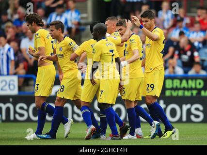 Jorginho di Chelsea festeggia dopo aver segnato il secondo gol durante la partita della Premier League al John Smith's Stadium, Huddersfield. Data foto 11 agosto 2018. Il credito dovrebbe essere: Matt McNulty/Spaltimage via PA Images Foto Stock