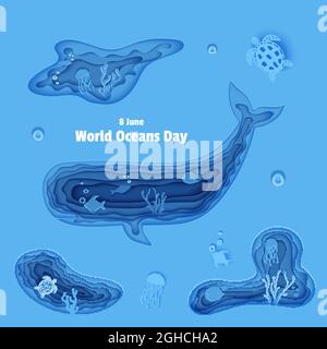 Silhouette di una balena spermatica tagliata di carta. Pesce farfalla, meduse, pesce luna, tartaruga. Craft subacquea grotta oceanica con pesci Illustrazione Vettoriale