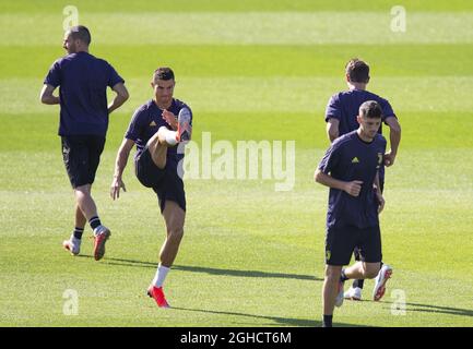 Leonardo Bonucci di Juventus, Cristiano Ronaldo, Simone Emmanuello, Daniele Rugani e Mattia De Sciglio durante la sessione di formazione presso il Centro di formazione Juventus di Torino Foto Stock