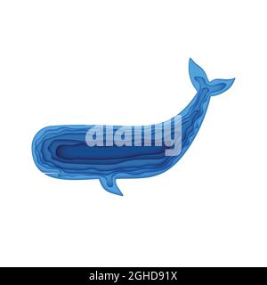 Silhouette di una balena spermatica tagliata di carta. Papercut 3d elemento vita marina. Artigianato subacqueo grotta in blu. Giornata mondiale dell'Oceano Vector Illustrazione Vettoriale