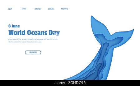 Web page modello di disegno Giornata Mondiale dell'Oceano 8 giugno concetto in carta taglio stile. Aletta di coda in forma ondulata papercut stratificato. Concetto ecologico vettoriale il Illustrazione Vettoriale