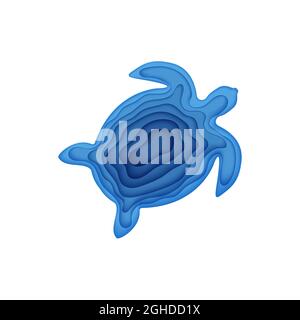 Silhouette di una tartaruga marina tagliata di carta. Papercut 3d Element Marine. Artigianato subacqueo grotta in blu. Concetto ecologico vettoriale il Illustrazione Vettoriale