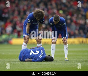 David Luiz e Jorginho si danno un'occhiata a Antonio Rudiger di Chelsea durante la partita della Premier League ad Anfield, Liverpool. Data foto: 14 aprile 2019. Il credito dovrebbe essere: Andrew Yates/Sportimage via PA Images Foto Stock