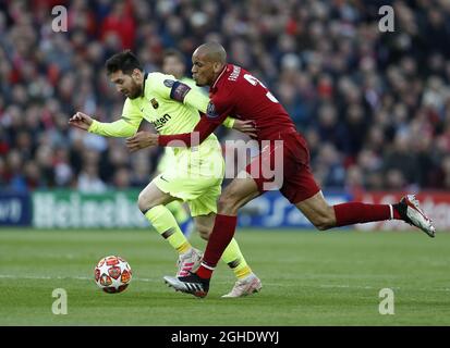 Il Fabinho di Liverpool si mescola con Lionel messi di Barcellona durante la partita della UEFA Champions League ad Anfield, Liverpool. Data foto: 7 maggio 2019. Il credito dovrebbe essere: Darren Staples/Sportimage via PA Images Foto Stock