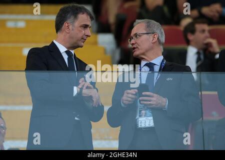 Vice Presidente dell'UEFA Michele Uva e Vice Segretario Generale dell'UEFA Giorgio Marchetti durante la partita UEFA Under-21 Championship 2019 a Renato Dall'Ara, Bologna. Data foto: 16 giugno 2019. Il credito d'immagine dovrebbe essere: Jonathan Moscrop/Sportimage via PA Images Foto Stock