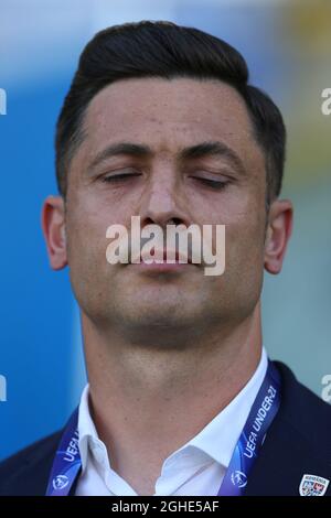 Matei Mirel Radoi manager della Romania durante la partita UEFA Under-21 Championship a Renato Dall'Ara, Bologna. Data foto: 27 giugno 2019. Il credito d'immagine dovrebbe essere: Jonathan Moscrop/Sportimage via PA Images Foto Stock