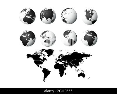 Icone globo terrestre. emisferi terrestri con continenti. set di mappe vettoriali. Illustrazione Vettoriale