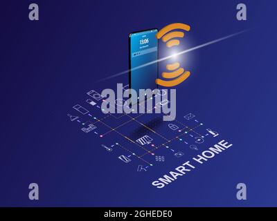 Smartphone smart con controllo domestico. Internet delle cose. iot Illustrazione Vettoriale