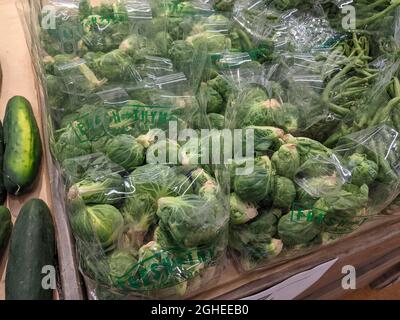 INDIANAPOLIS, STATI UNITI - 12 agosto 2021: Vari tipi di broccoli organici disponibili per l'acquisto Foto Stock