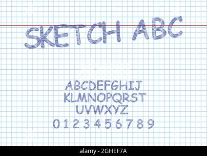 Vettore del carattere grassetto dello schizzo e schizzo disegnato a mano con alfabeto. Illustrazione Vettoriale
