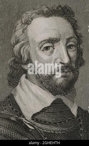 Alonso Pérez de Guzmán, chiamato Guzmán el Bueno (Guzman il bene) (1256-1309). Leonese militare e nobile, fondatore della casa di Medina Sidonia. Primo signore di Sanlúcar de Barrameda. Verticale. Incisione di Antonio Roca. Las Glorias Nacionales. Volume III, edizione Madrid-Barcellona, 1853. Foto Stock