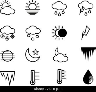 Semplice set di icone approva linee vettoriali correlate. Contiene icone come meteo, neve, pioggia, grandine, sole e molto altro. 48x48 pixel Perfect Illustrazione Vettoriale