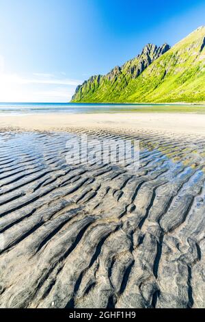 Acqua trasparente del mare artico lavaggio la sabbia bianca di Ersfjord spiaggia, Senja, Troms contea, Norvegia Foto Stock