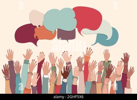 Armi anonime e mani elevate di gruppi multietnici multiculturali. Razza equality.Speech bubble.crowd diversità People.Man e donne Illustrazione Vettoriale