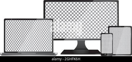 Set di notebook, monitor, tablet e telefono cellulare realistici con schermo vuoto. Isolato su sfondo trasparente. Illustrazione Vettoriale