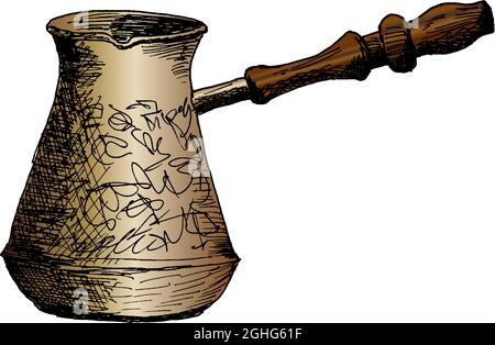 Cezve, caffettiera, illustrazione grafica disegnata a mano dal disegno di disegno di Ibrik. Illustrazione Vettoriale