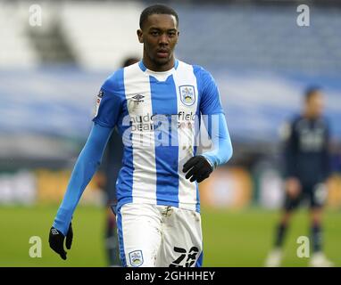 Jaden Brown della città di Huddersfield durante la partita del campionato Sky Bet al John Smith's Stadium, Huddersfield. Data foto: 20 febbraio 2021. Il credito dovrebbe essere: Andrew Yates/Sportimage via PA Images Foto Stock