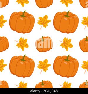 Modello autunnale senza cuciture con zucche allo zenzero e foglie di acero. Stampa per Halloween, Thanksgiving, tessuti e design Illustrazione Vettoriale