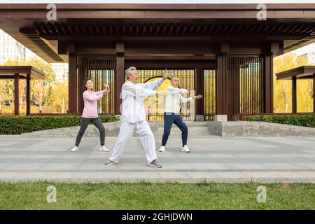 Adulto allegro che pratica Tai Chi nel parco Foto Stock