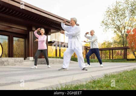 Adulto allegro che pratica Tai Chi nel parco Foto Stock