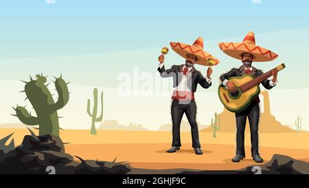 due mariachi messicani maschi suonano musica all'aperto Illustrazione Vettoriale