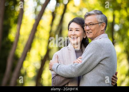 Coppia anziana allegra datazione nel parco Foto Stock