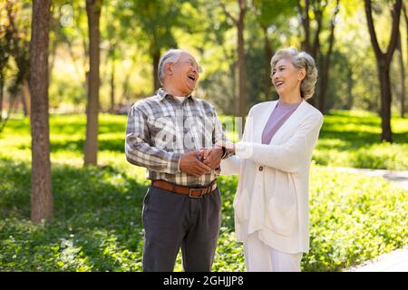 Coppia anziana allegra datazione nel parco Foto Stock