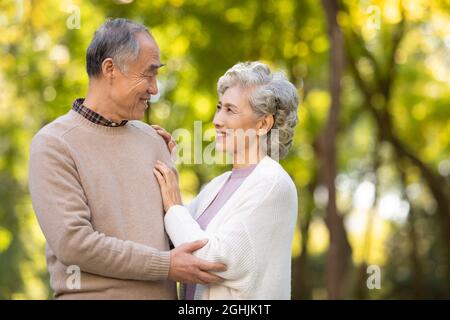 Coppia anziana allegra datazione nel parco Foto Stock