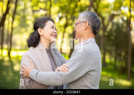 Coppia anziana allegra datazione nel parco Foto Stock