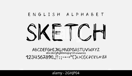 Stile doble di schizzo del carattere disegnato a mano. Set vettoriale di lettere inglesi maiuscole e minuscole, numeri, contrassegni, simboli. Illustrazione Vettoriale