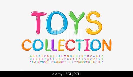 Banner multicolore per le collezioni di giocattoli per bambini. Set di caratteri disegnati a mano, lettere maiuscole e minuscole, numeri e simboli. Illustrazione Vettoriale