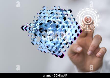 Uomo che tocca un astratto rendering futuristico 3D Foto Stock